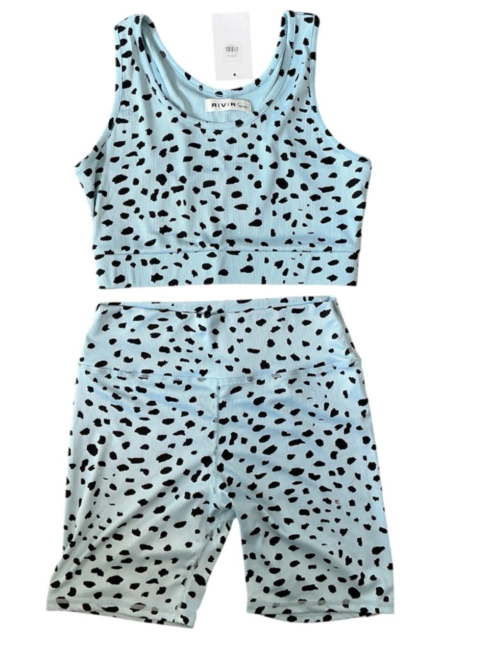 NWT RIVIR Two Piece Top Shorts Set Size Large Blue Black Dalmatian Print Active - Picture 2 of 9